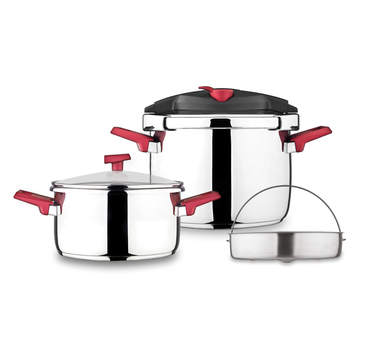 زودپز دوقلو هلیوس 4 و 6 لیتری با درب پیرکس زرشکی -کاندید